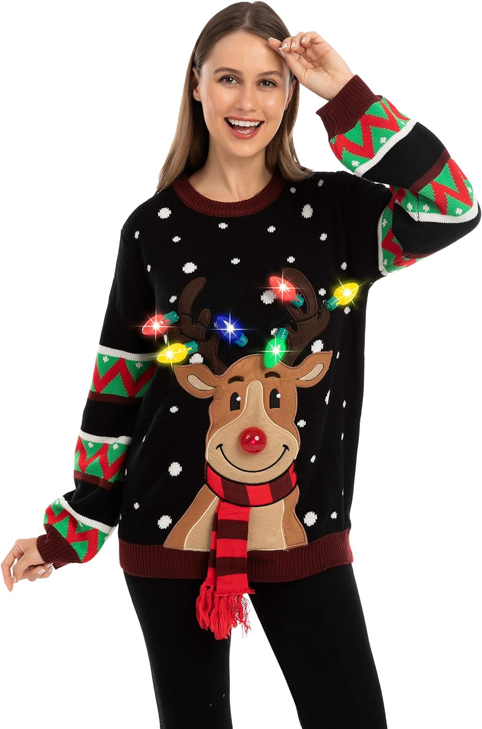 Joyfy Light Up Ugly Christmas Sweaters for Women,Funny LED Reindeer Christmas Sweater for Women,Holiday Sweater