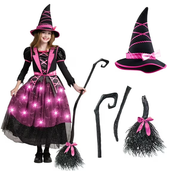 Syncfun Light Up Witch Costume Set for Girls, Starry Witch Dress with Broom Hat for Kids and Toddlers, Perfect for Halloween Party Dress-Up Cosplay Age up to 3
