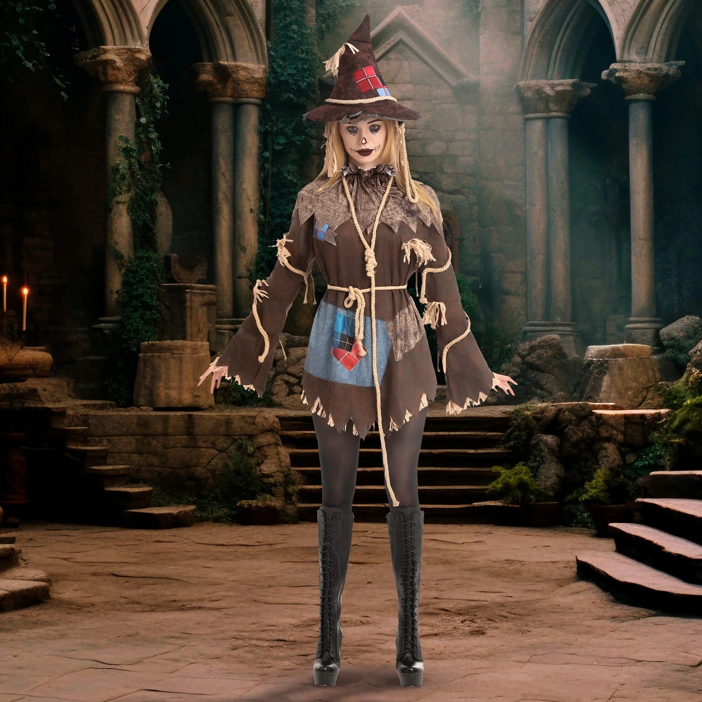 Joyfy Scary Scarecrow Costume for Adult Women Halloween Dress-Up Party Cosplay