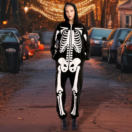 SYNCFUN Unisex Adult Skeleton Jumpsuit Pajama Zippered Halloween Hoody Sleepwear Costume(Large) Black