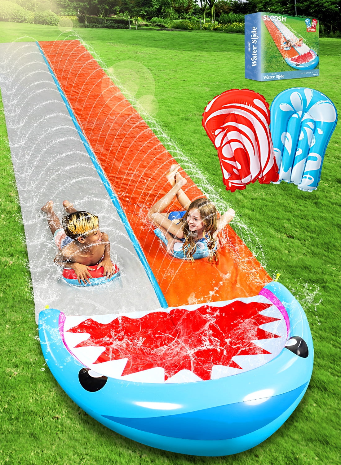 Syncfun Water Slides with 2 Boogie Boards, 21ft Backyard Outdoor Lawn Slip Waterslide with Sprinklers Summer Toy, Shark