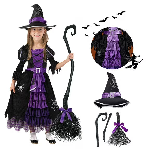 Joyfy Witch Costume Set for Girls, Halloween Fancy-Dress with Broom Hat for Toddler Kids Halloween Party Dress up 3-14 Years
