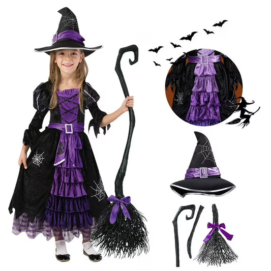 Syncfun Witch Costume Set for Girls, Halloween Fancy-Dress with Broom Hat for Toddler Kids Halloween Party Dress Up 3-14 Years