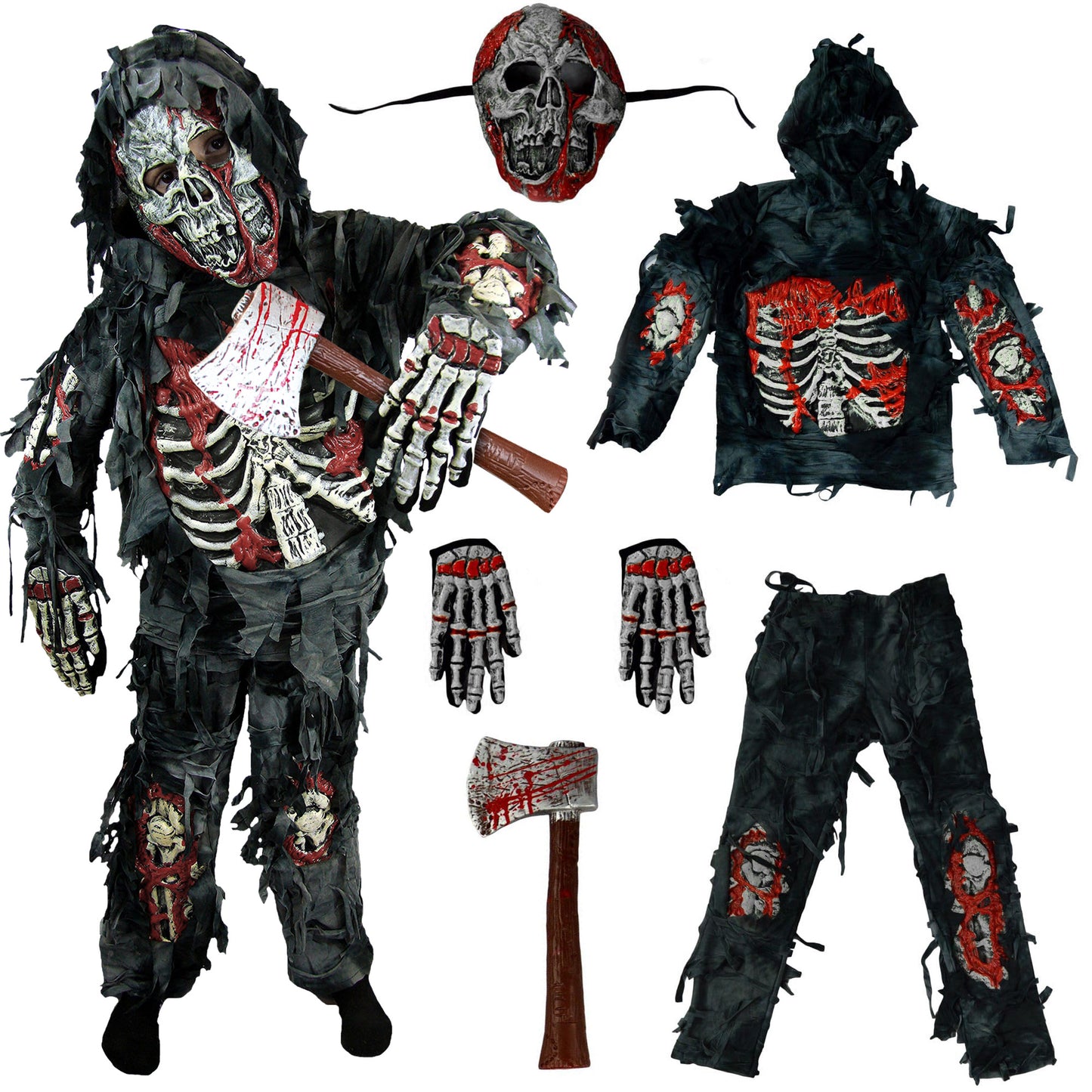 Syncfun Kids Zombie Costume, Scary Halloween Zombie Costume for Boys, Monsters Costume with Toy Axe for Halloween Party Dress-Up Age Up to 14 Years
