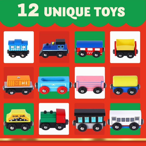 Joyfy 2025 Christmas Advent Calendar, Countdown Calendar with 12 PCS Wooden Train Cars Magnetic Train Sets,12 Days Cars Advent Calendar for Boys Kids, Christmas Party Favors,Classroom Prizes Gift