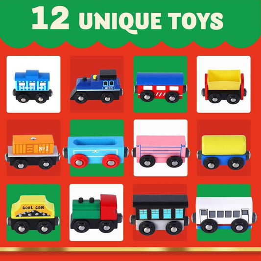 Joyfy 2025 Christmas Advent Calendar, Countdown Calendar with 12 PCS Wooden Train Cars Magnetic Train Sets,12 Days Cars Advent Calendar for Boys Kids, Christmas Party Favors,Classroom Prizes Gift