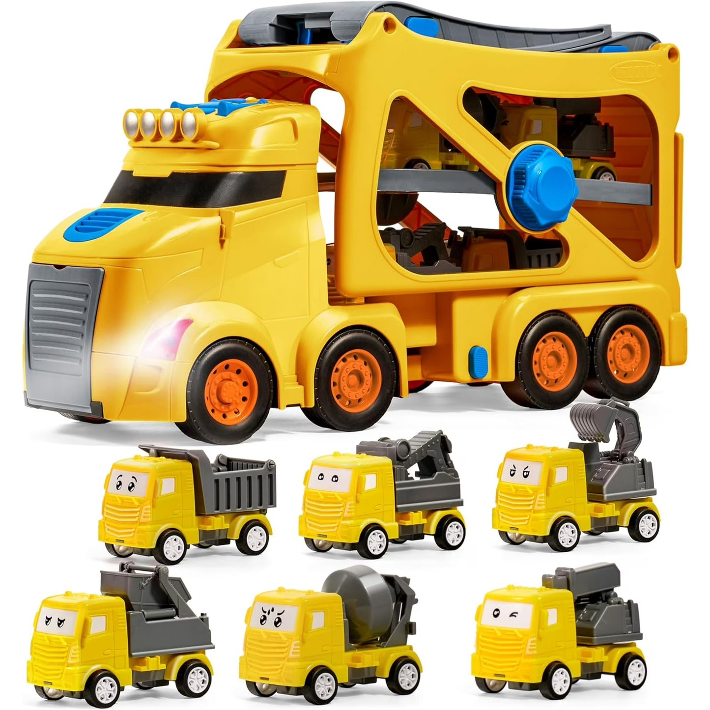VROOMIX by JOYIN 3-Layer Extra Large Construction Truck Toys for Boy Girls, 7-in-1 Big Transport Vehicle Carrier Truck with Directional Tracks, Siren & Lights, 6 Cars, Chrismas Birthday Gifts for 3+
