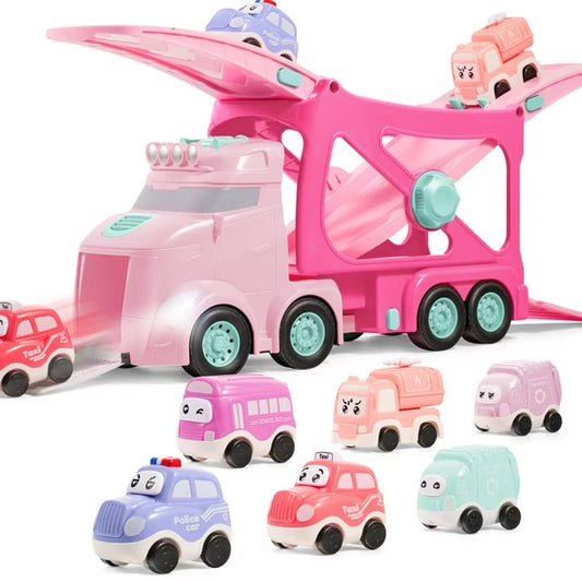 VROOMIX by JOYIN 3-Layer Extra Large Construction Truck Toys for Boy Girls, 7-in-1 Big Transport Vehicle Carrier Truck with Directional Tracks, Siren & Lights, 6 Cars, Chrismas Birthday Gifts for 3+