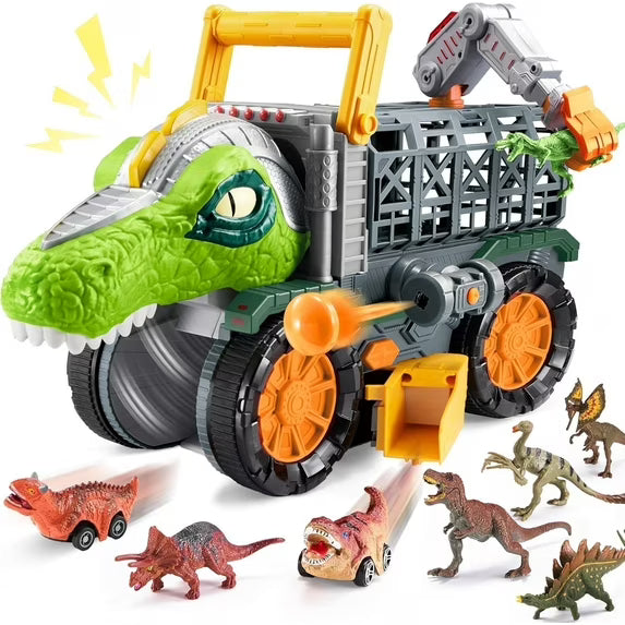 VROOMIX Kids Big Dinosaur Truck Toys with 8 Dino Figures, Crane Arm & Drive-Through Tunnel, Launching Chambers & Shooting Darts, Best Gifts for 3+ Year Old Boys & Girls
