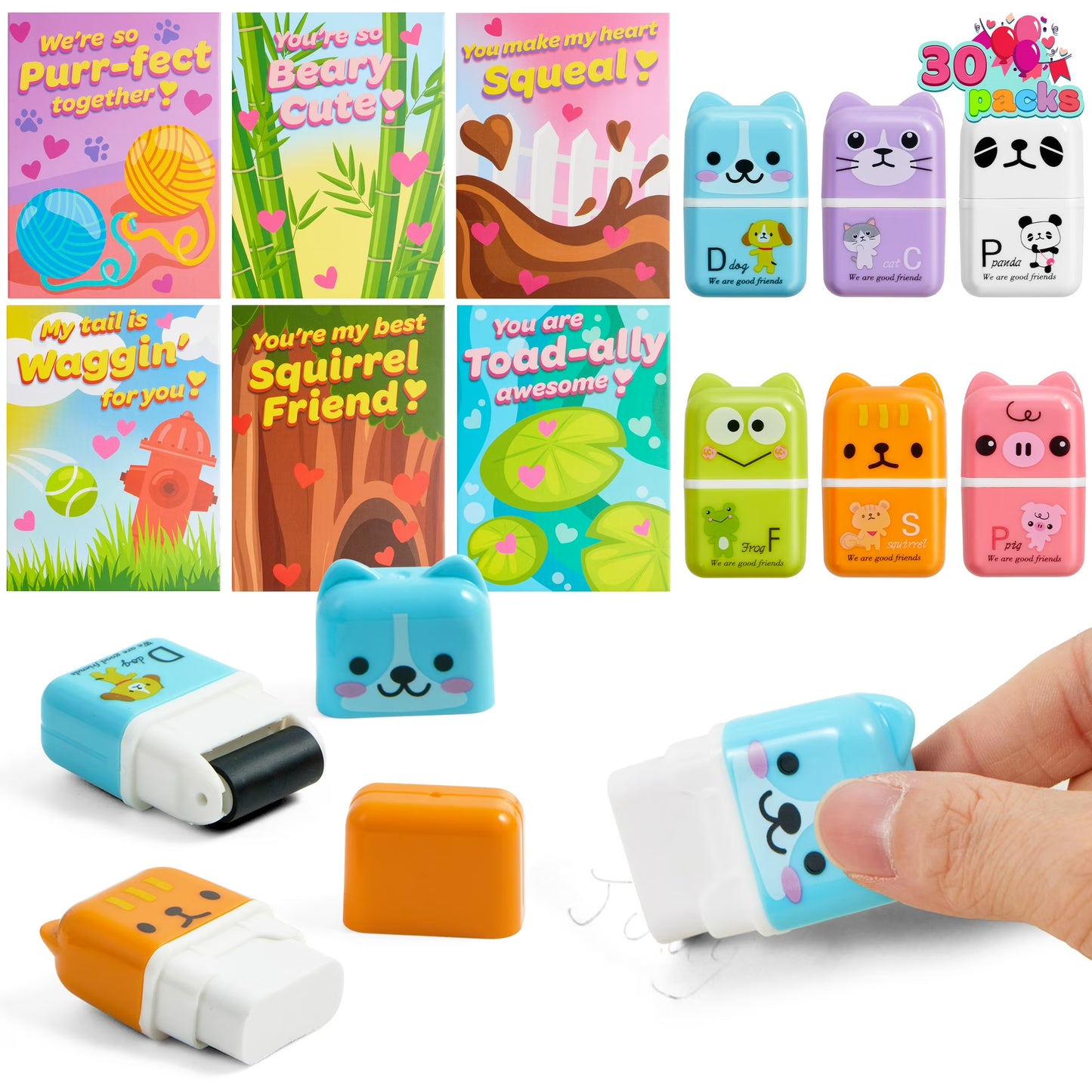 Joyfy 30 PCS Valentines Cards with Animals Erasers and Clean Up Roller for Kids Party Favor, Classroom Exchange Prizes, Valentine¡¯s Greeting Cards