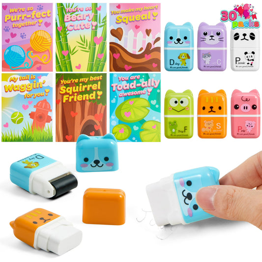 Joyfy 30 PCS Valentines Cards with Animals Erasers and Clean Up Roller for Kids Party Favor, Classroom Exchange Prizes, Valentine’s Greeting Cards