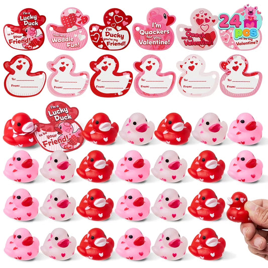 Joyfy 24 Pcs Valentine’s Day Gift Cards with Rubber Duck for Kids,Mini Rubber Duck Bath Toys for Classroom Exchange Prizes, Valentine Party Favors Toys