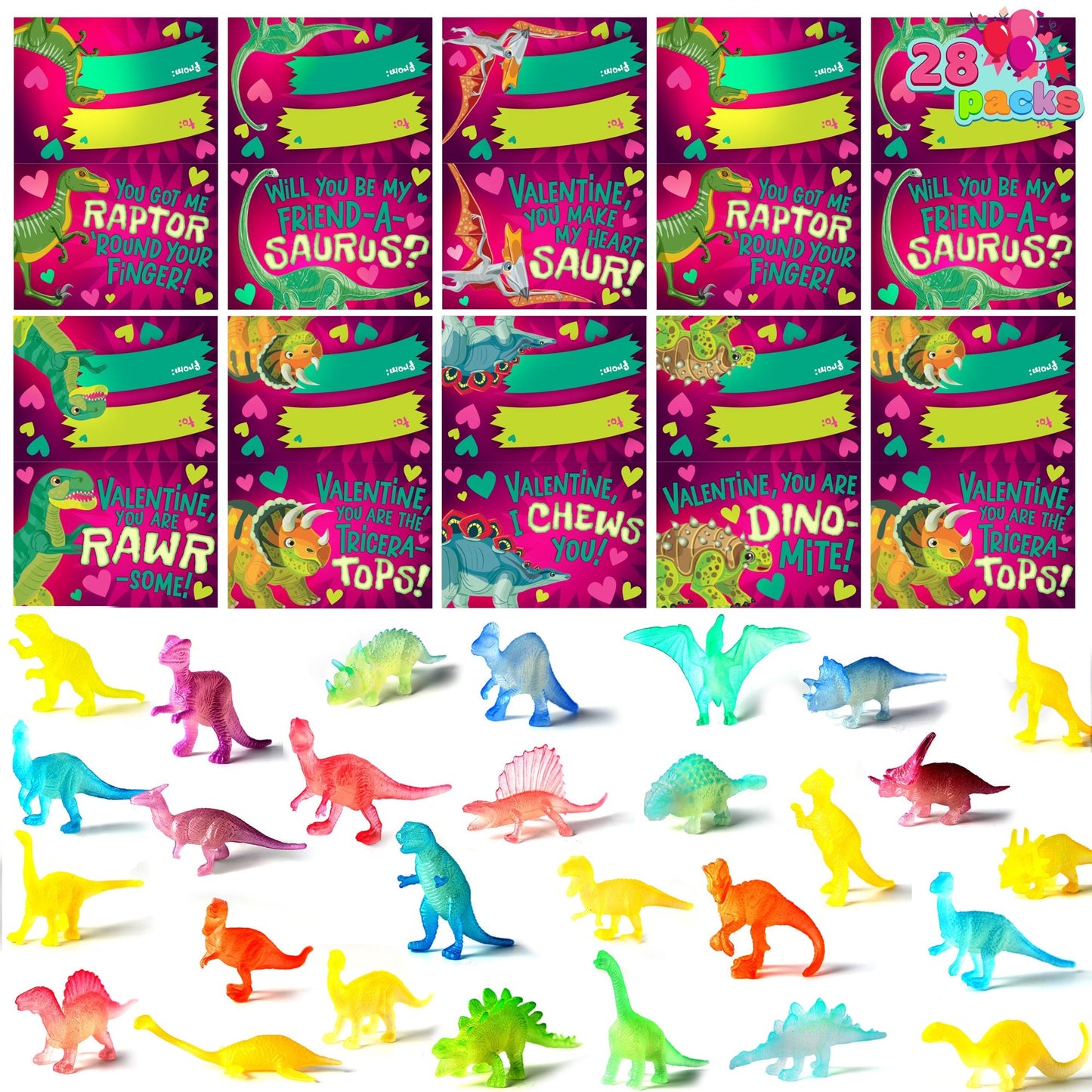 Valentine's Day Glow in the Dark Dinosaur with Hangers, 28 Packs
