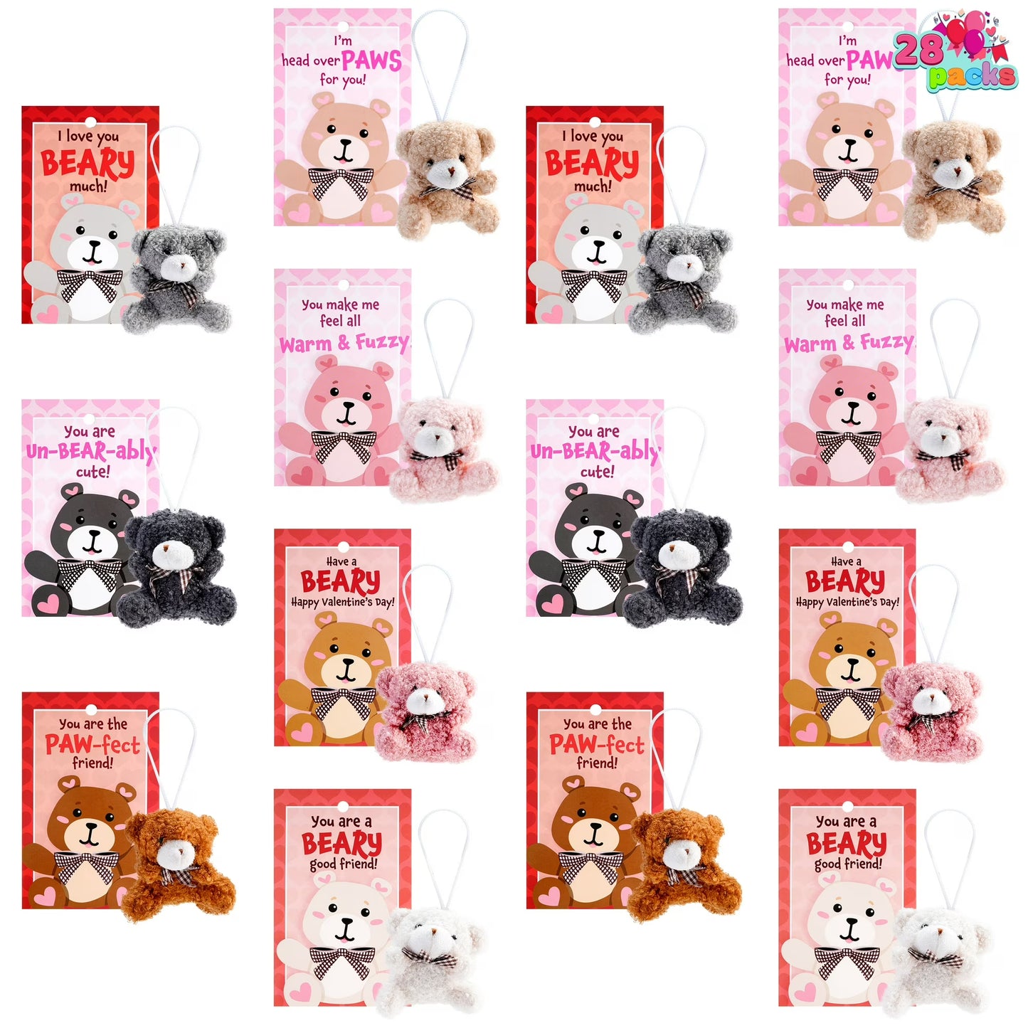 Joyfy 28 Packs Valentines Day Gifts Cards for Kids with Animal Plush Toy Key Chain Stress Relief Fidget Toy for Valentine Classroom Exchange Cards and Valentines Party Favor