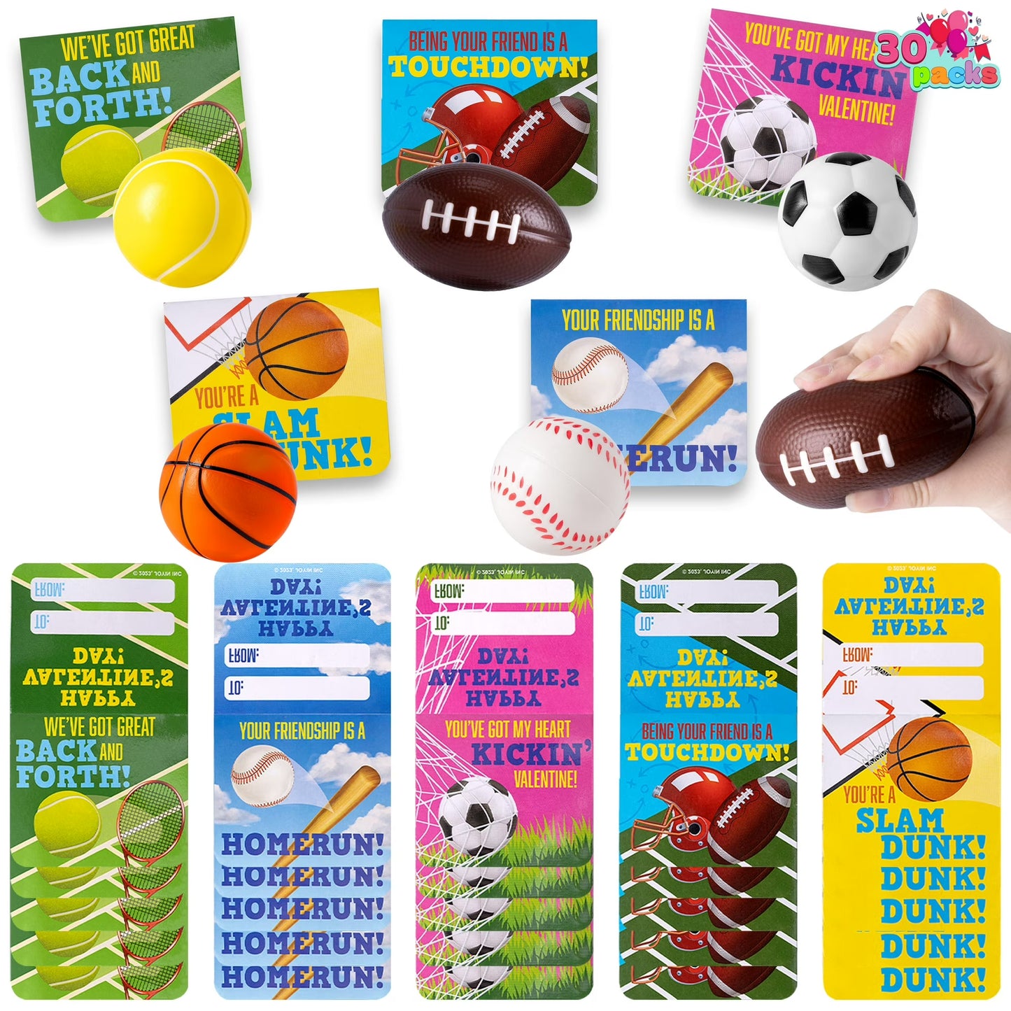 Joyfy 30 Packs Valentines Cards with Mini Sports Ball for Kids Boys, Figure Stress Balls Squeeze Foam Balls Bouncy Balls Toys for Valentines School Class Exchange Card, Party Favors