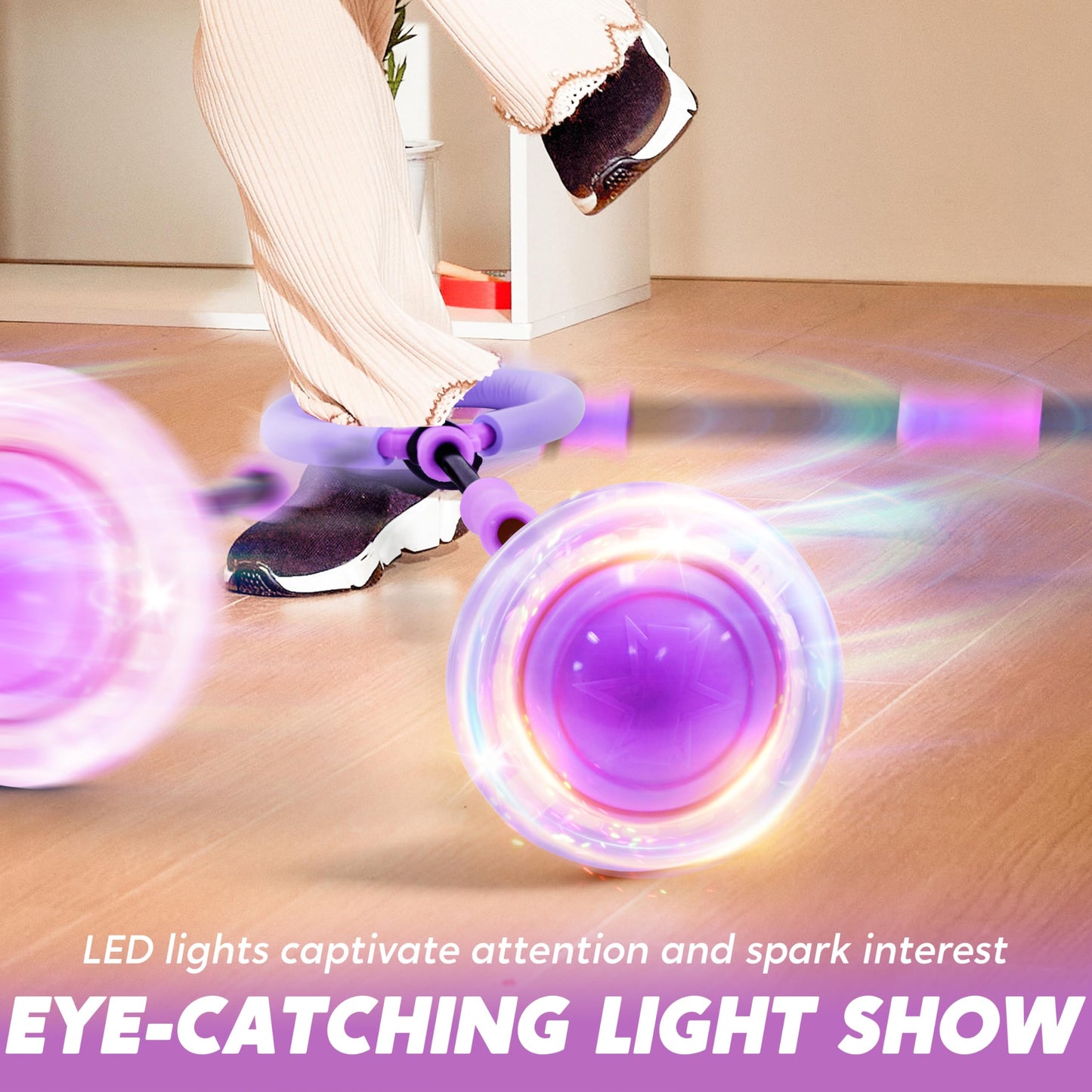 Joyfy Purple Ankle Skip Ball with Flashing Lights , Fun Skip It Toy for Kids, Indoor & Outdoor Foldable Sports Toy for Family Lawn Games