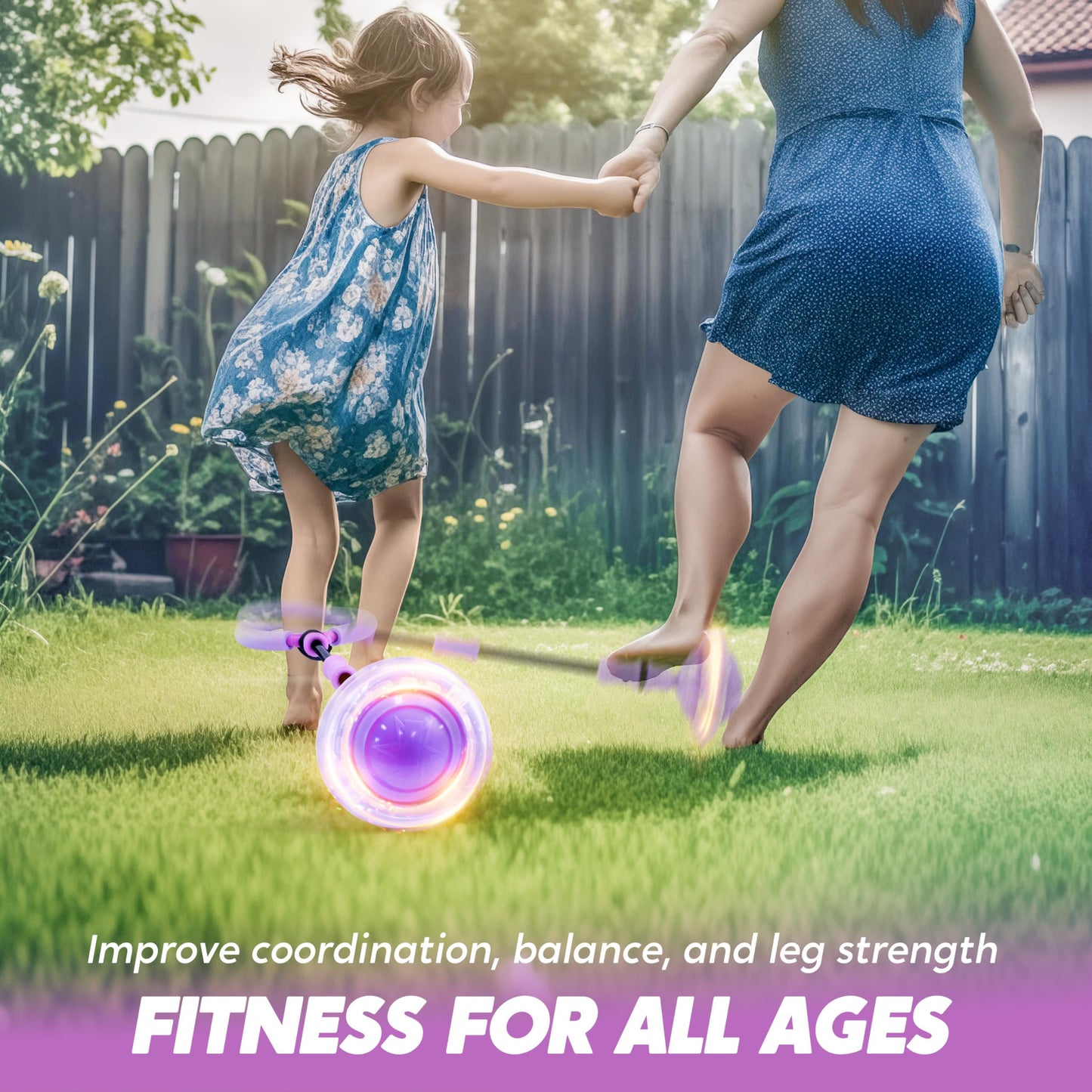 Joyfy Purple Ankle Skip Ball with Flashing Lights , Fun Skip It Toy for Kids, Indoor & Outdoor Foldable Sports Toy for Family Lawn Games