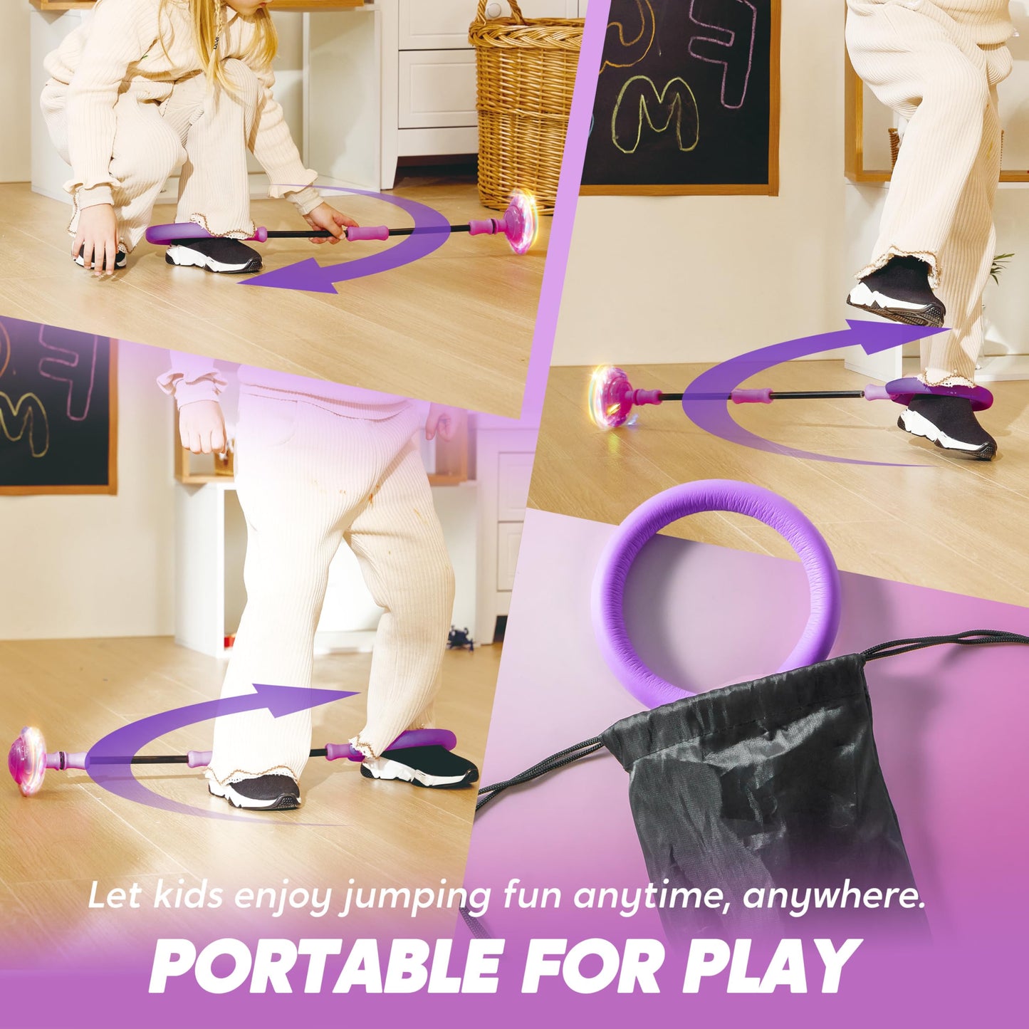 Joyfy Purple Ankle Skip Ball with Flashing Lights , Fun Skip It Toy for Kids, Indoor & Outdoor Foldable Sports Toy for Family Lawn Games