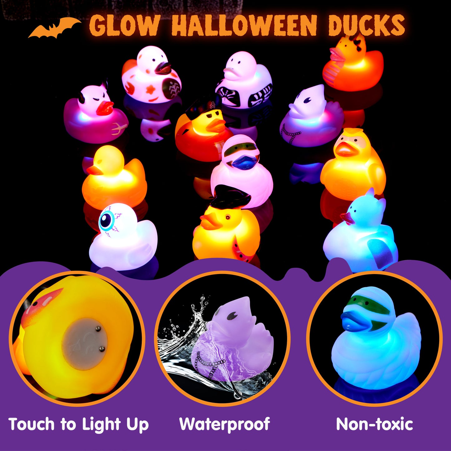 SYNCFUN 12 Pcs Halloween Rubber Ducks,Halloween Toys Glow-in-The-Dark Rubber Ducks in Bulk for Baby Toddlers Kids,Halloween Bath Toy Basket Prizes,Halloween Toys for Trick or Treaters