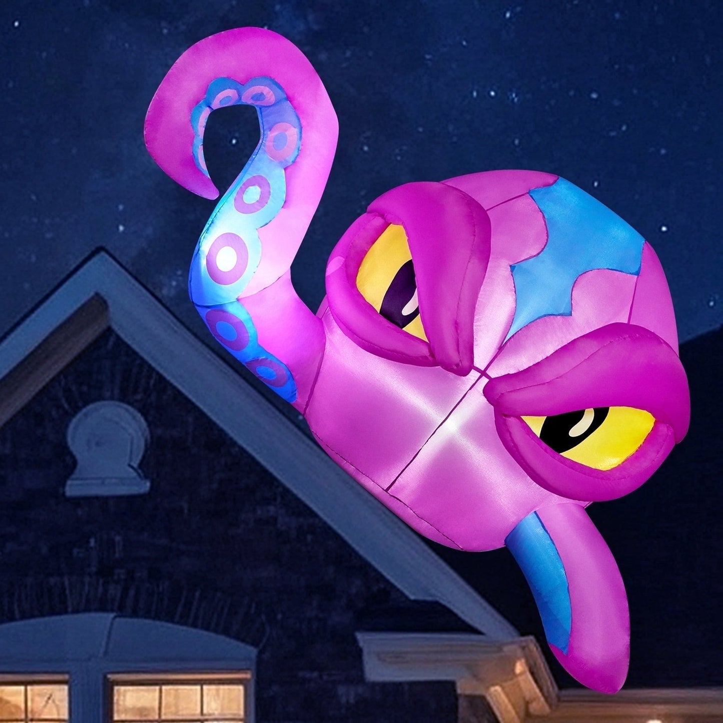Joyfy 4 FT Halloween Inflatable Purple Octupos Head with Tentacles Broke Out from Window with Built-in LED Blow Up Inflatable for Window Decoration Yard Garden Lawn Decor
