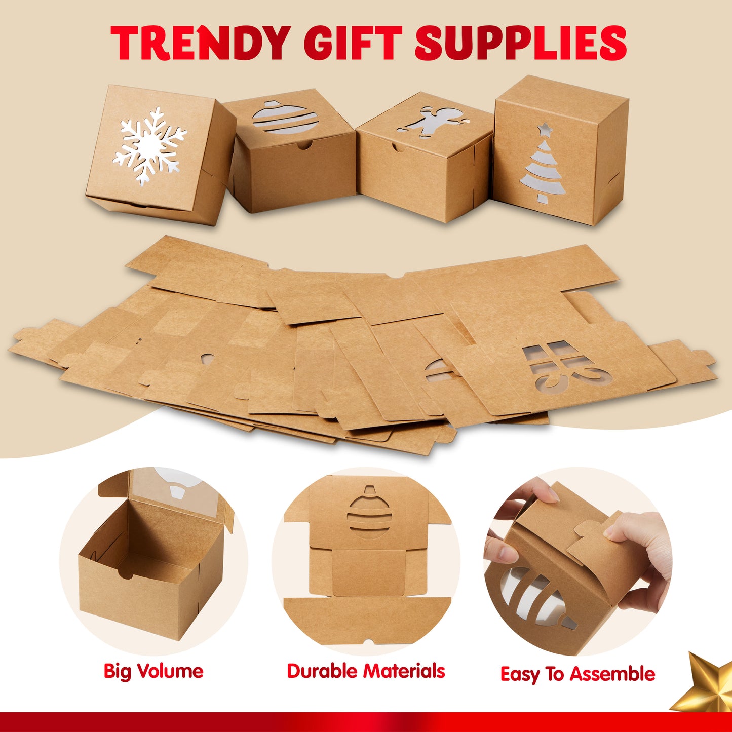 Joyfy 36 Pcs Christmas Cookie Boxes, Brown Kraft Treat Boxes with Window 4" x 4" x 2.5" Bakery Gift Warpping Box for Xmas Holiday Party Favor Pastries, Cupcakes, Cookies Donuts Gift-Giving