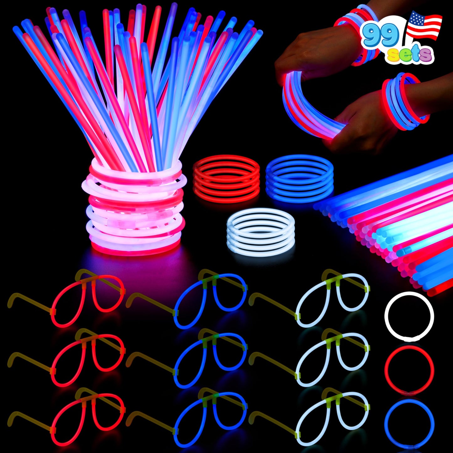 99 pieces of July 4th patriotic glow stick bracelets, necklaces, glasses