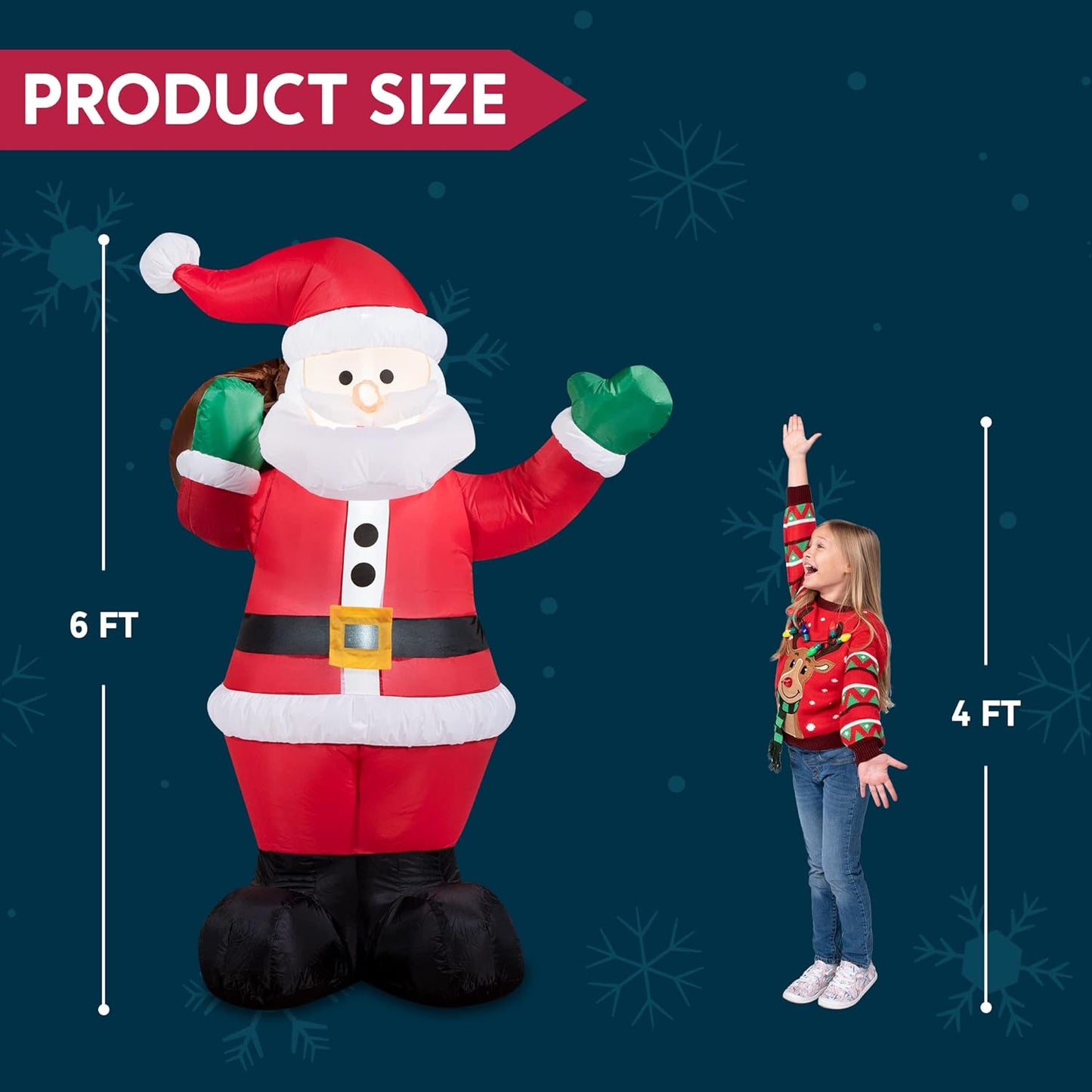 Joyfy 6 ft Christmas Inflatables Santa Outdoor Decorations,Santa with Gift Bag Blow Ups Yard Christmas with Built-in LEDs for Holiday Party Garden Lawn Decor