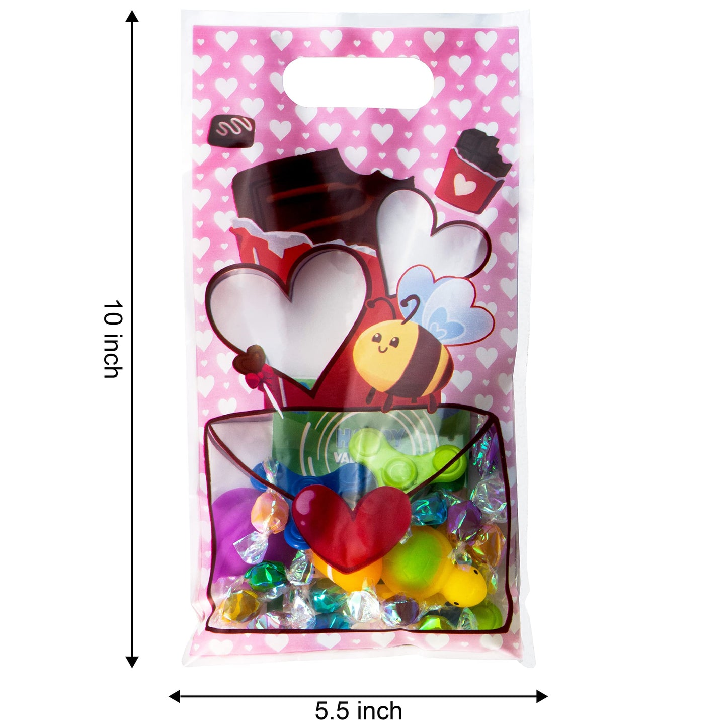 48 Pcs Valentine’s Day Gift Bag Plastic Treat Bags, Cellophane Candy Bags in 6 Designs with Heart Shaped Window for Kids Valentine Party Favor Supplies, Classroom Gift Exchange Goodie Bags