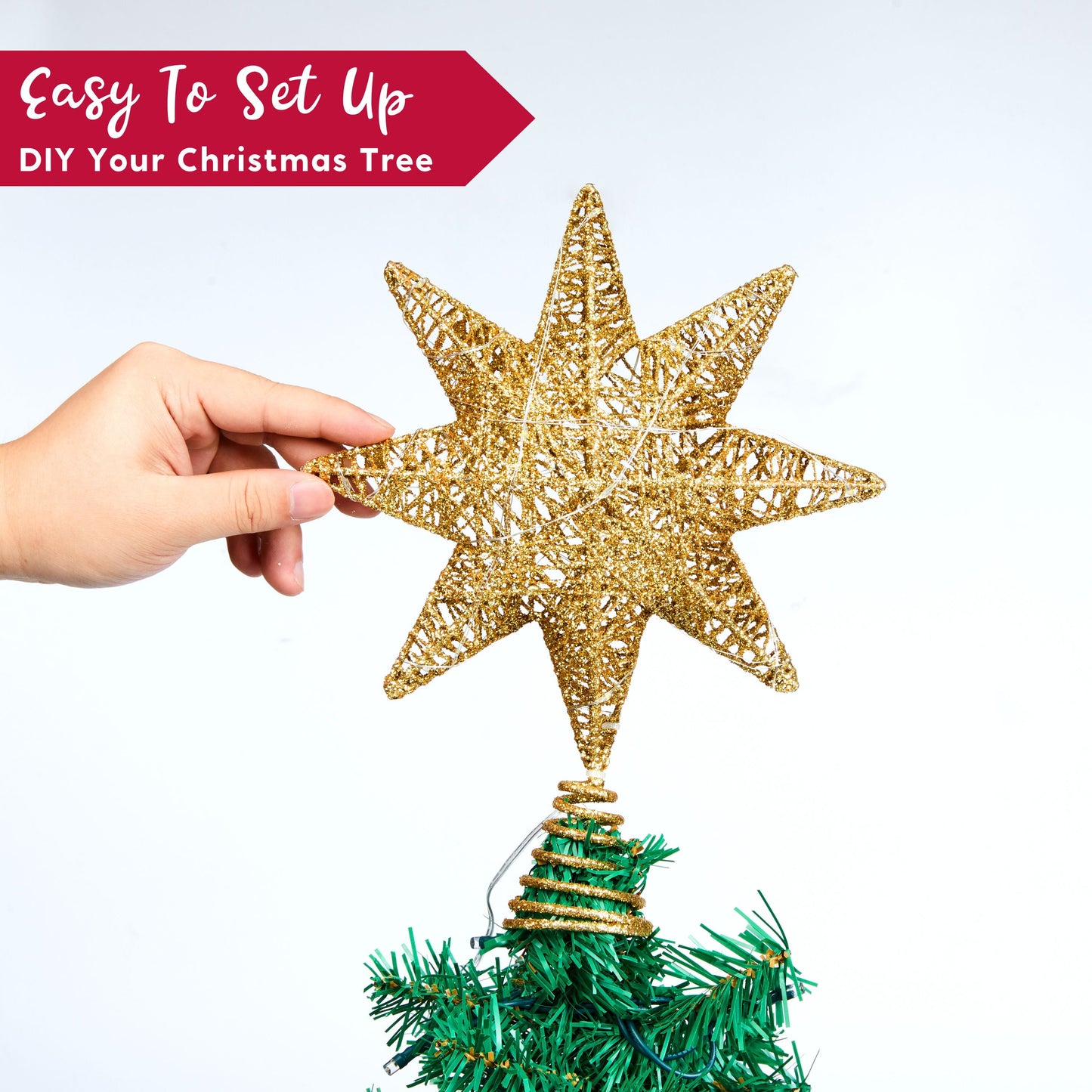 Joyfy Christmas Tree Topper,20 LED Gold Glitter 8-Point Star with Lights,Light Up Tree Topper Christmas Decorations Xmas Tree Decorations