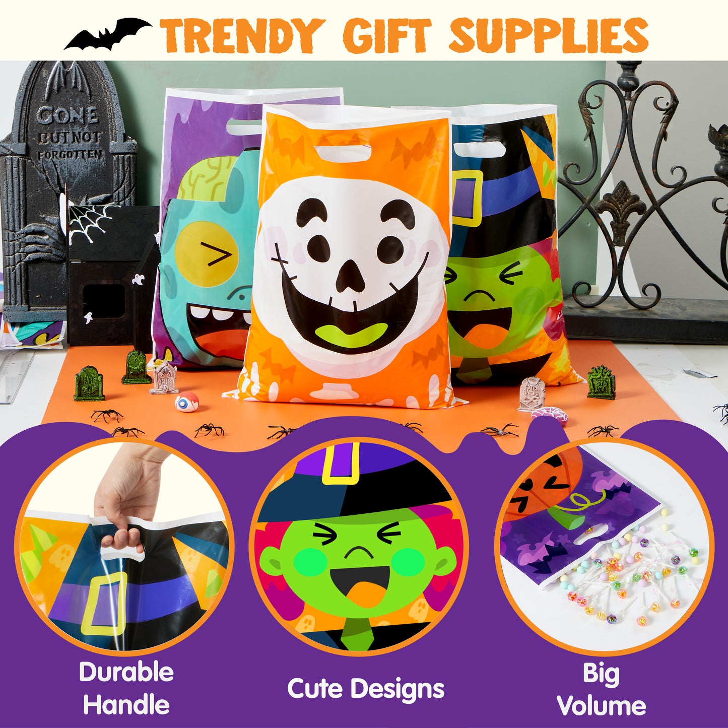 SYNCFUN 72 Pcs Halloween Treat Bags Goodie Bags Plastic Halloween Candy Bags Trick or Treat Creepy Designs Halloween Bags for Kids Trick or Treat,Classroom Goody Bags