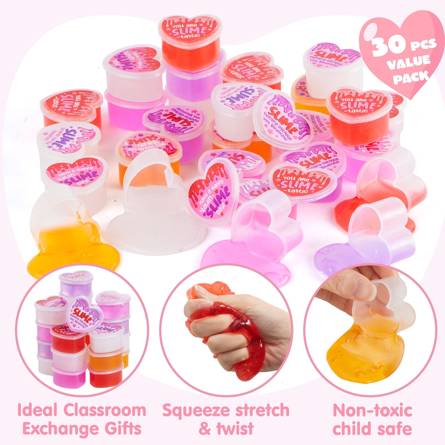 30 Pack Valentines' Day Slime, Heart Shape Slime Stress, Colorful Relief Fidget Toy for Kids Valentines Day Party Favors, Valentines Exchange Gifts, Valentines Classroom Prizes