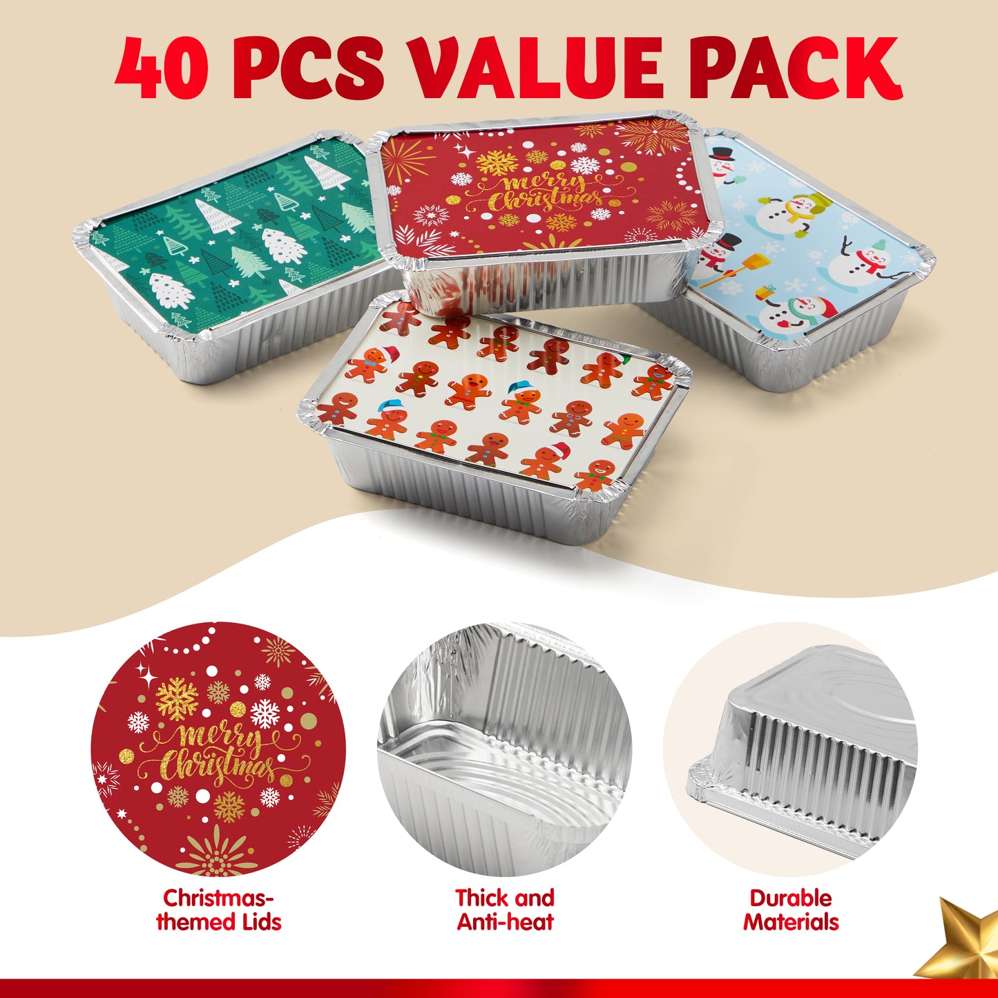SYNCFUN 40 Pcs Christmas Foil Containers with Lid, Aluminum Foil Pans with Lids, 7"x5"x2" Disposable Foil Pans with Covers, Food Containers Great for Baking, Cooking, Heating, Storing, Prepping Food
