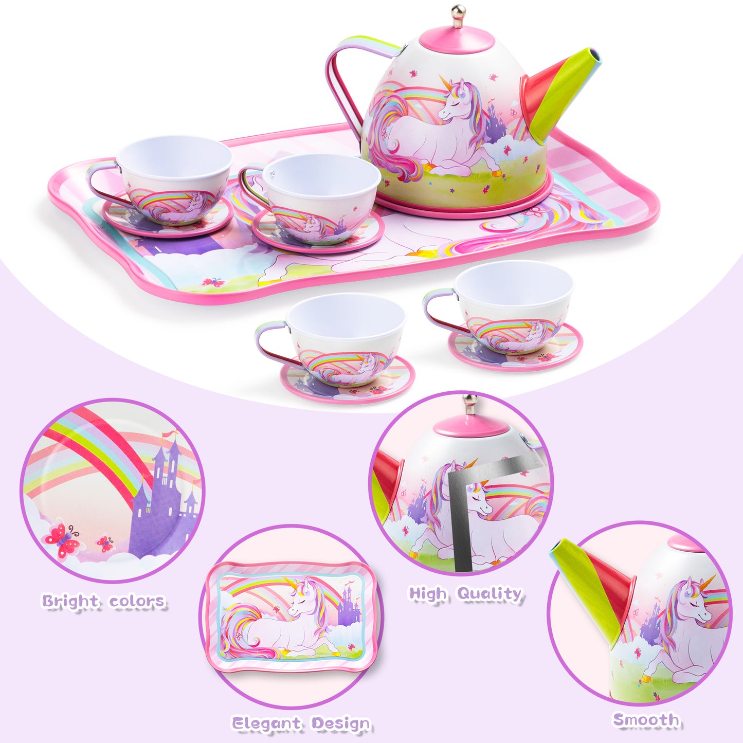 SYNCFUN Kid Tea Set, Unicorn Tea Party Set for Girls, Princess Pretend Play Tin Teapot Set Kitchen Toy for Kids Toddlers 2 3 4 5 6 Years Old, Pink