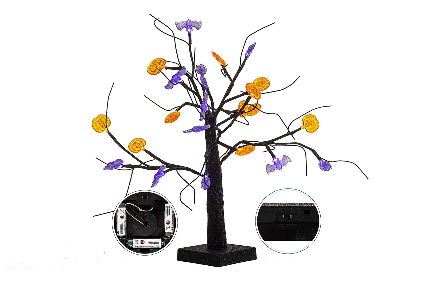 Joiedomi 1.5 FT Halloween Spooky Tree, Light Up Halloween Tree with 24 LED Orange Pumpkin and Purple Bat Lights, Prelit Black Tree for Halloween Tabletop Tree Decor Halloween Indoor Desktop Decoration