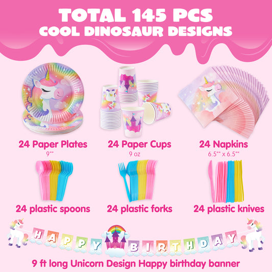 Syncfun 145 Pcs Unicorn Party Supplies with Unicorn Banner for Girls Birthday Party, 24 Serves Disposable Tableware Set for Unicorn Themes Party Kids Age 2 3 4 5 6 7 8