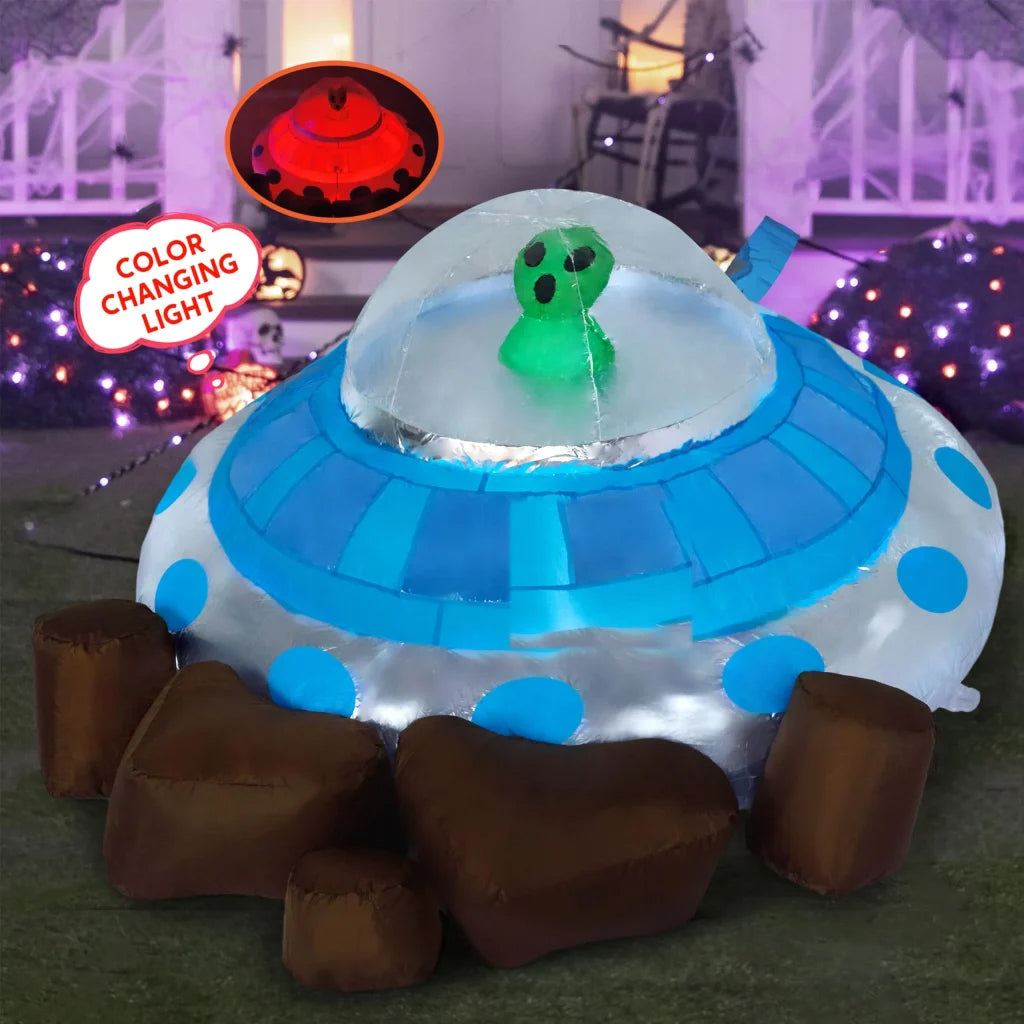 Syncfun 5 FT Halloween Inflatable Crashing UFO Alien Decoration with Built-in LEDs,UFO Halloween Decorations Outdoor Blow Up Yard Lawn Decoration
