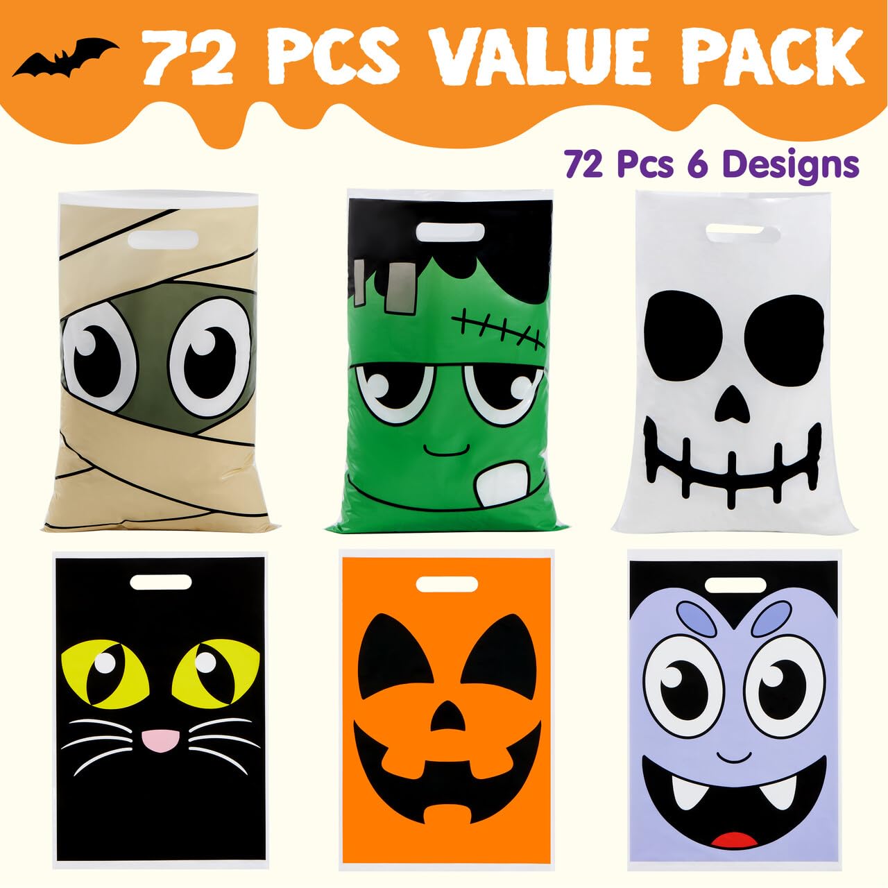 Joyfy 72 Pcs Halloween Goodie Bags,Trick or Treat Bags Plastic Halloween Bags for Kids,Halloween Party Favors Classroom Goody Bags