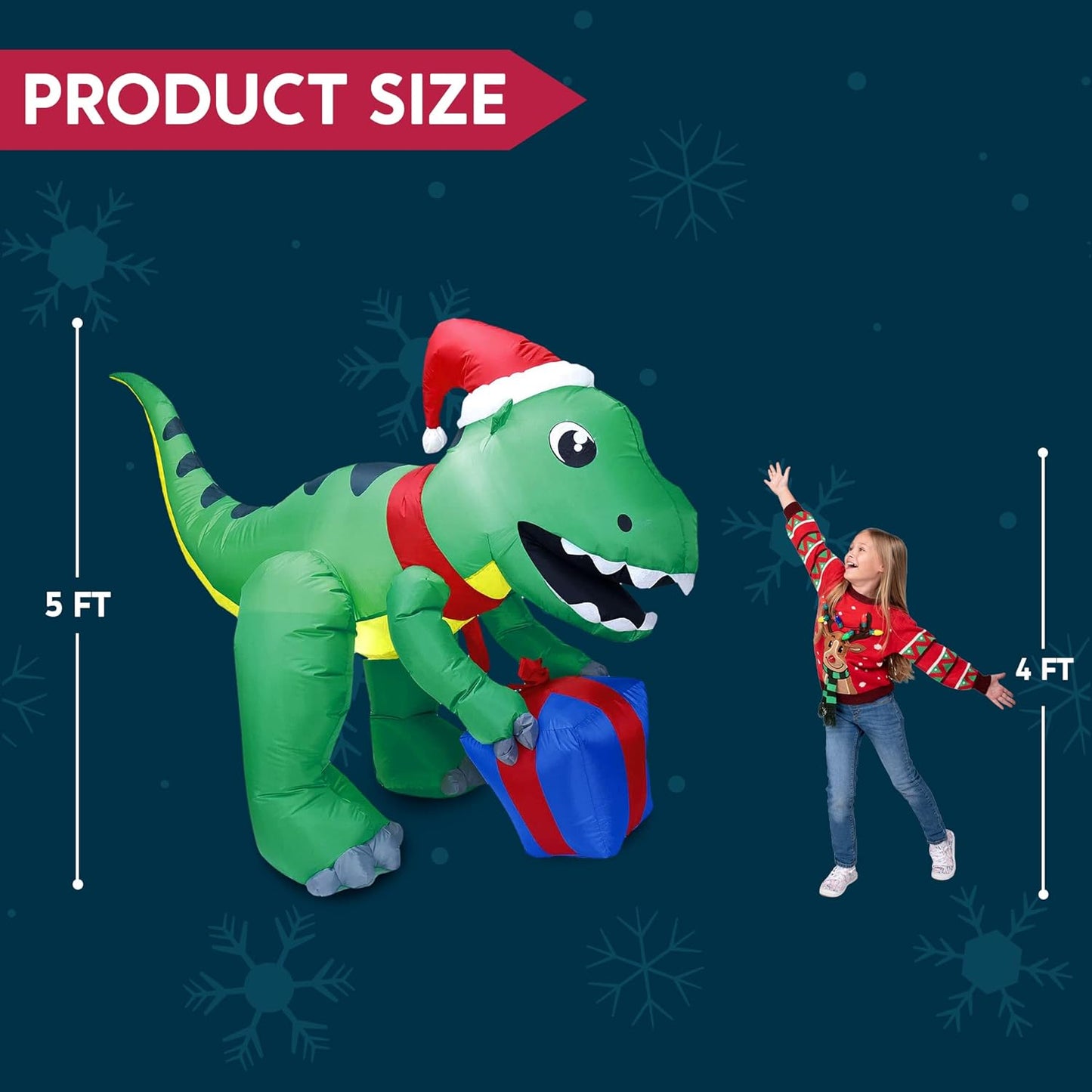 Joyfy 5 FT Christmas Inflatables Dinosaur Outdoor Decorations,Christmas Dinosaur with Gift Box Blow Ups Yard with Built-in LEDs for Holiday Party Garden Lawn Decor