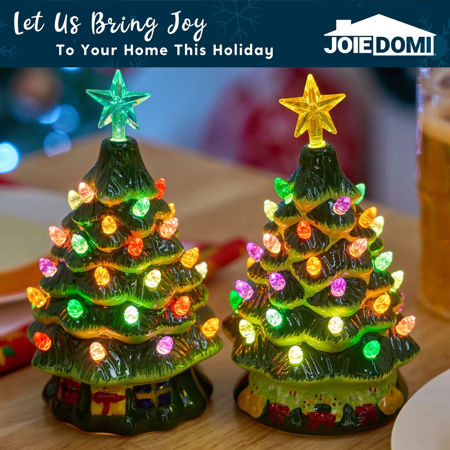 Joyfy 2 Pcs 7" Small Ceramic Christmas Tree,Prelit Ceramic Christmas Tree with Lights and Top Star,Table Top Christmas Tree Decorations,Holiday Tree