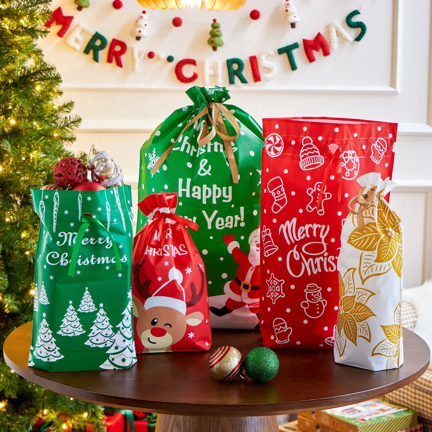 Joyfy 36 Pcs Christmas Drawstring Gift Bags 3 Assorted Sizes Reusable Plastic Bag for Christmas Party Holiday, Classroom Party Favor, Presents Wrapping Gift Bags
