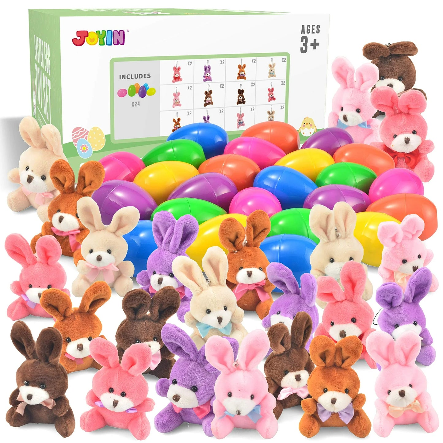 Joyfy 24 Pack Prefilled Easter Eggs with Toys,Easter Eggs with Mini Stuffed Animals Plush Bunnies Toys for Kids Toddler,Easter Basket Filler Egg Hunt Filler Stuffer