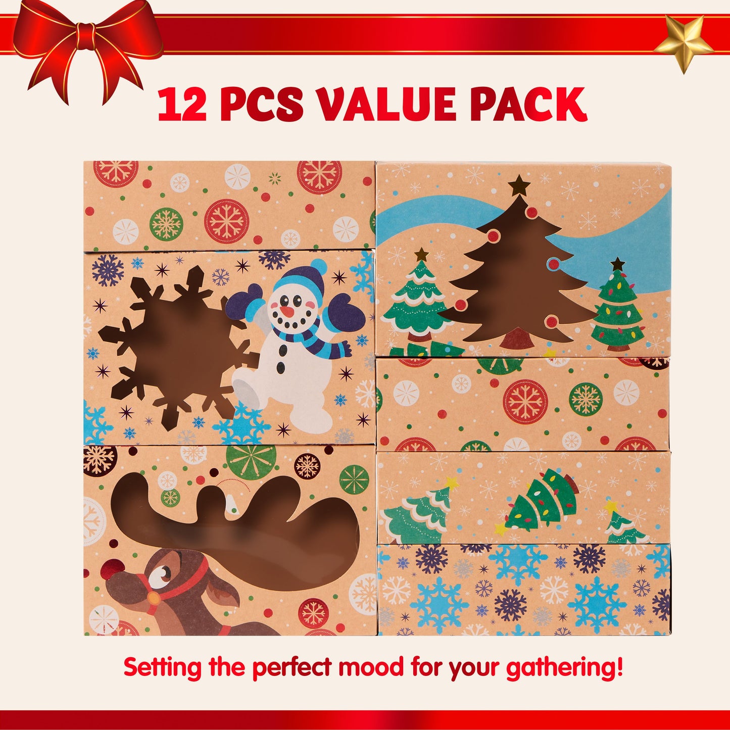 Joyfy 12 Pcs Foiled Christmas Cookie Boxes with Window 8.5" x 5.75" x 2.75", Treat Boxes for Pastries, Cupcakes, Brownies, Gift-Giving, Doughnut and Cookie, Brown Kraft Bakery Boxes
