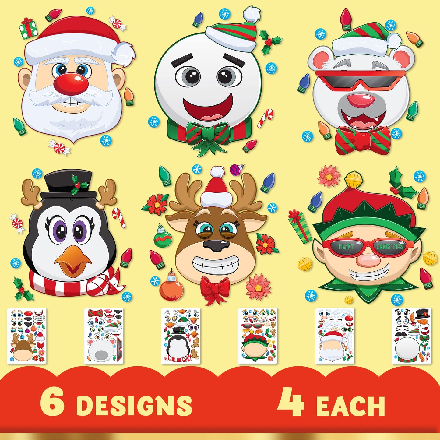 Joyfy 24 Pcs Christmas Make-a-Face Sticker Sheets for Kids, Make Your Own Christmas Elf, Santa, Snowman, Penguin and Polar Bear for Kids Party Favors Craft Kits