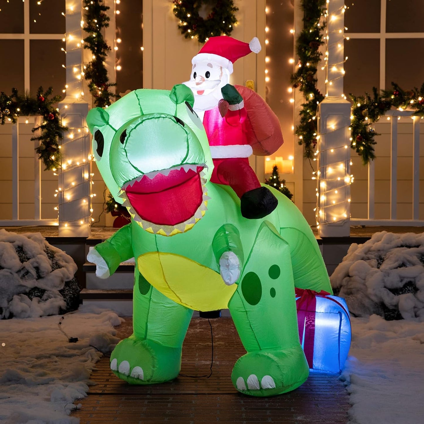 Joyfy 6 FT Christmas Inflatables Santa Dinosaur Outdoor Decorations,Dinosaur with Santa Christmas Blow Ups Yard Christmas with Built-in LEDs for Holiday Party Garden Lawn Decor