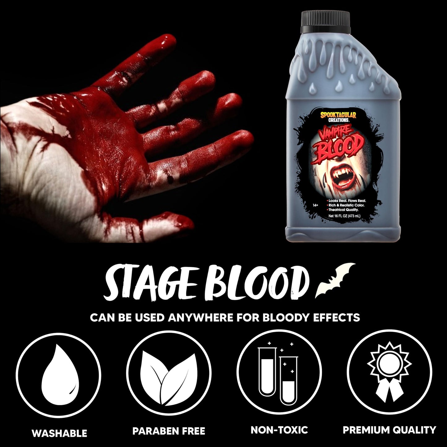 Spooktacular Creations Vampire Blood, 16oz Liquid Fake Blood, Bottle of Vampire Blood for Halloween Makeup Costume, Decoration