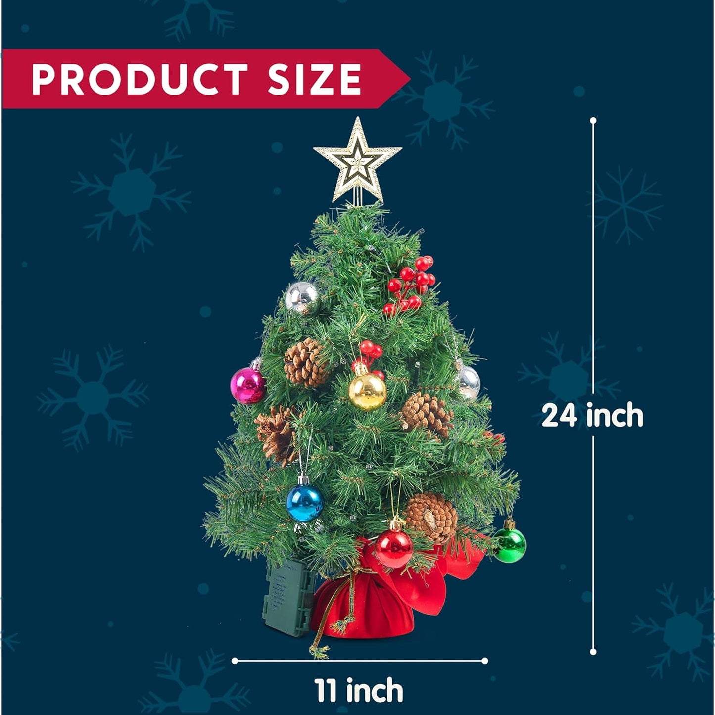 Joyfy 24 Inch Mini Christmas Tree with Lights,Prelit Artificial Christmas Tree with Decorations Holly Berries,Pine Cones,Light Up Christmas Ornaments Table Decor