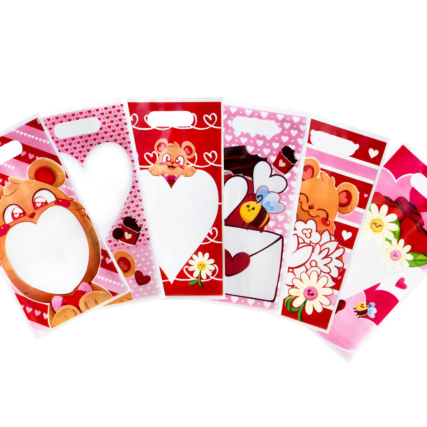 48 Pcs Valentine’s Day Gift Bag Plastic Treat Bags, Cellophane Candy Bags in 6 Designs with Heart Shaped Window for Kids Valentine Party Favor Supplies, Classroom Gift Exchange Goodie Bags