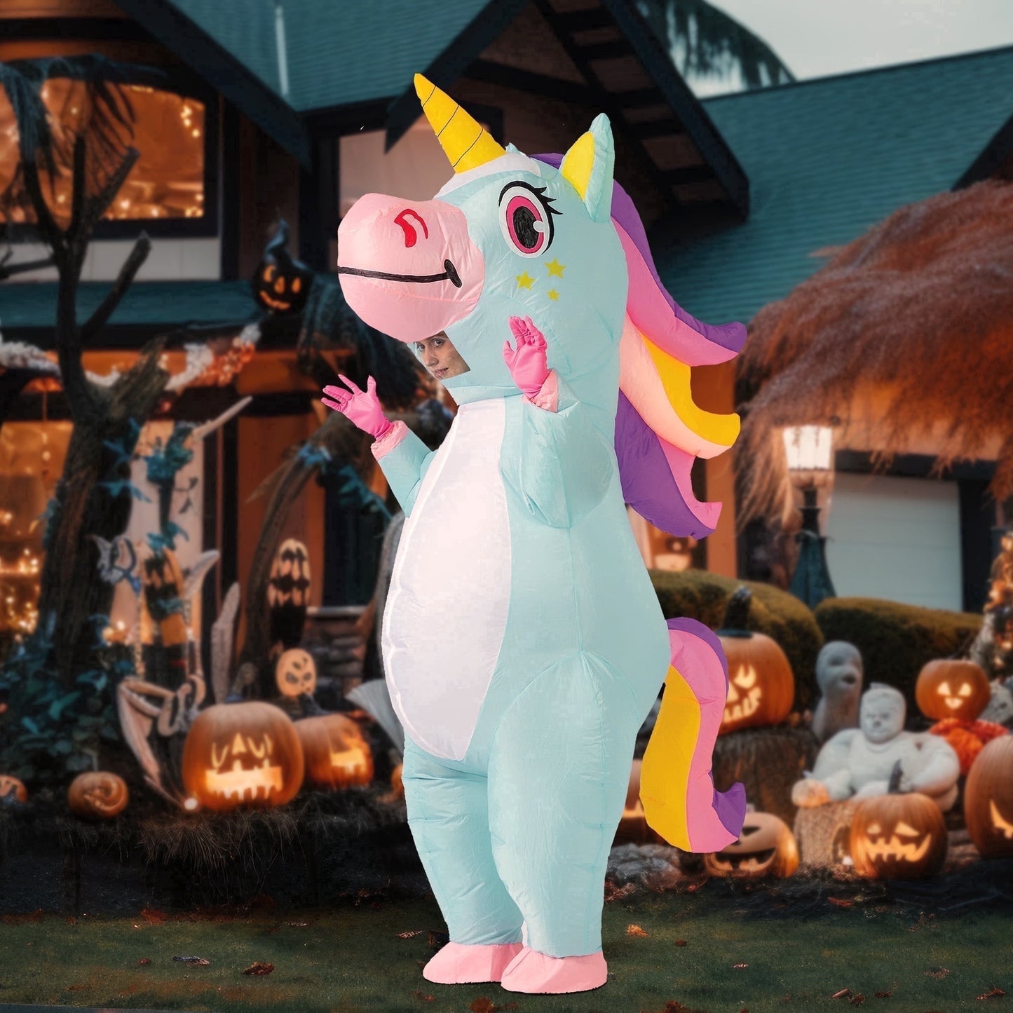 Joyfy Blue Inflatable Ride A Unicorn Costume for Adults, Full Body Unicorn Costume for Halloween Cosplay Party