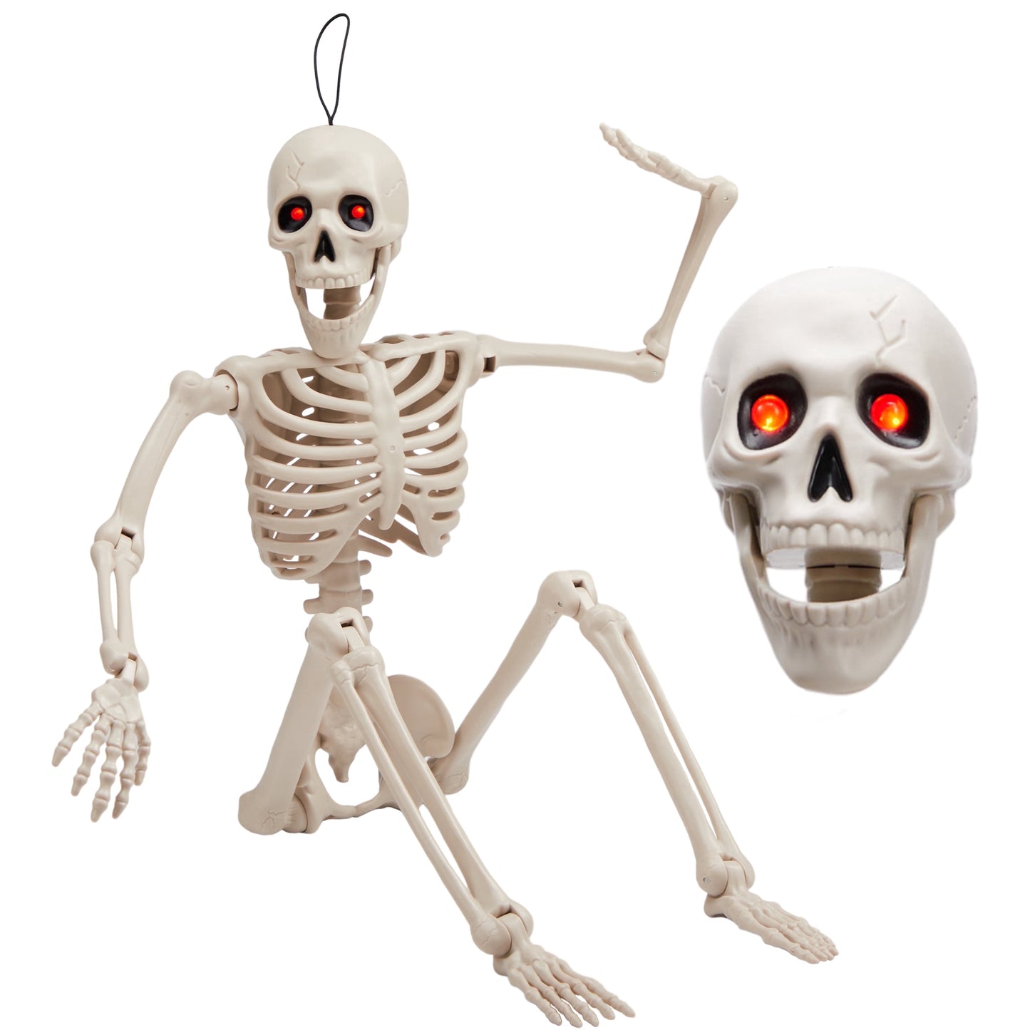 Joyfy 24 Inch Halloween Skeleton Decor with LED Light Eyes,Posable Skeleton Halloween Prop Full Body with Movable Joints for Haunted House Indoor Outdoor Decoration Spooky Decor