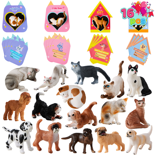 16 Pack Valentines Day Card with Dog and Cat Figure Toys for Valentine Kids Party Favor, Classroom Exchange Prizes, Valentine’s Greeting Cards